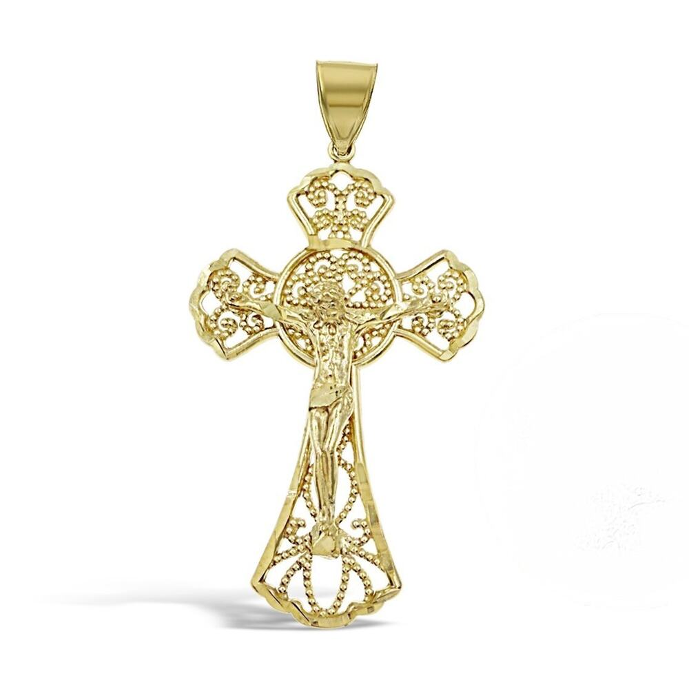 Jesus Crucifix Cross Pendant Mens Charm 10k Yellow Gold 1.9 inch